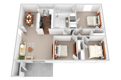 A 3 bedroom apartment with a kitchen, living room and bathroom.